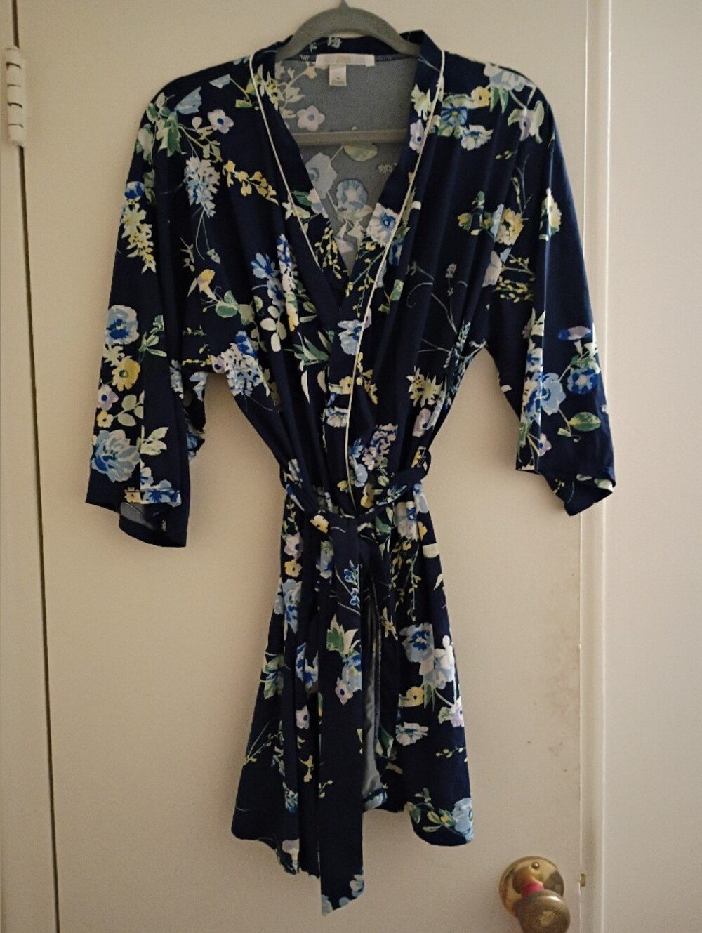 Flora Navy Wrap Robe with Tie Waist